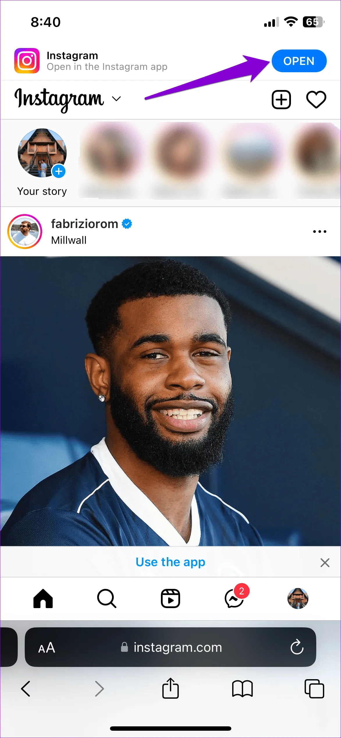 Откройте Instagram из веб-браузера