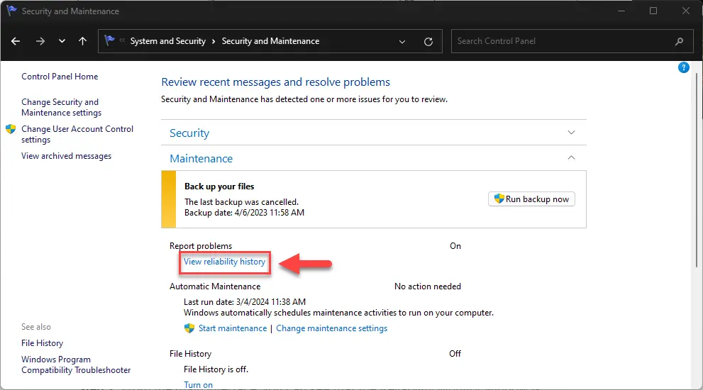 Открыть монитор надежности