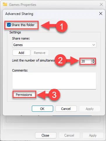 Открыть расширенные разрешения на общий доступ