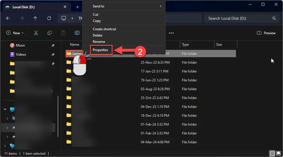 Открыть свойства папки