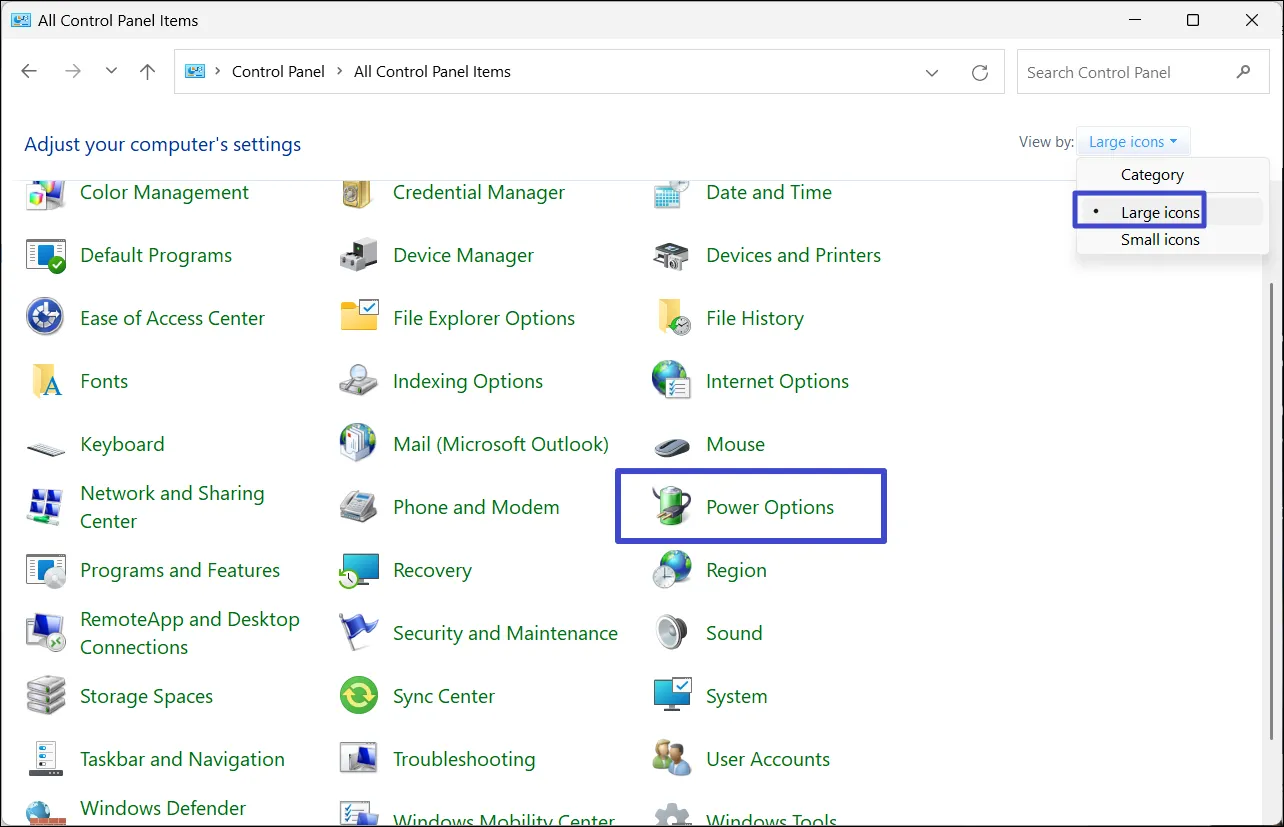 Выберите параметры электропитания