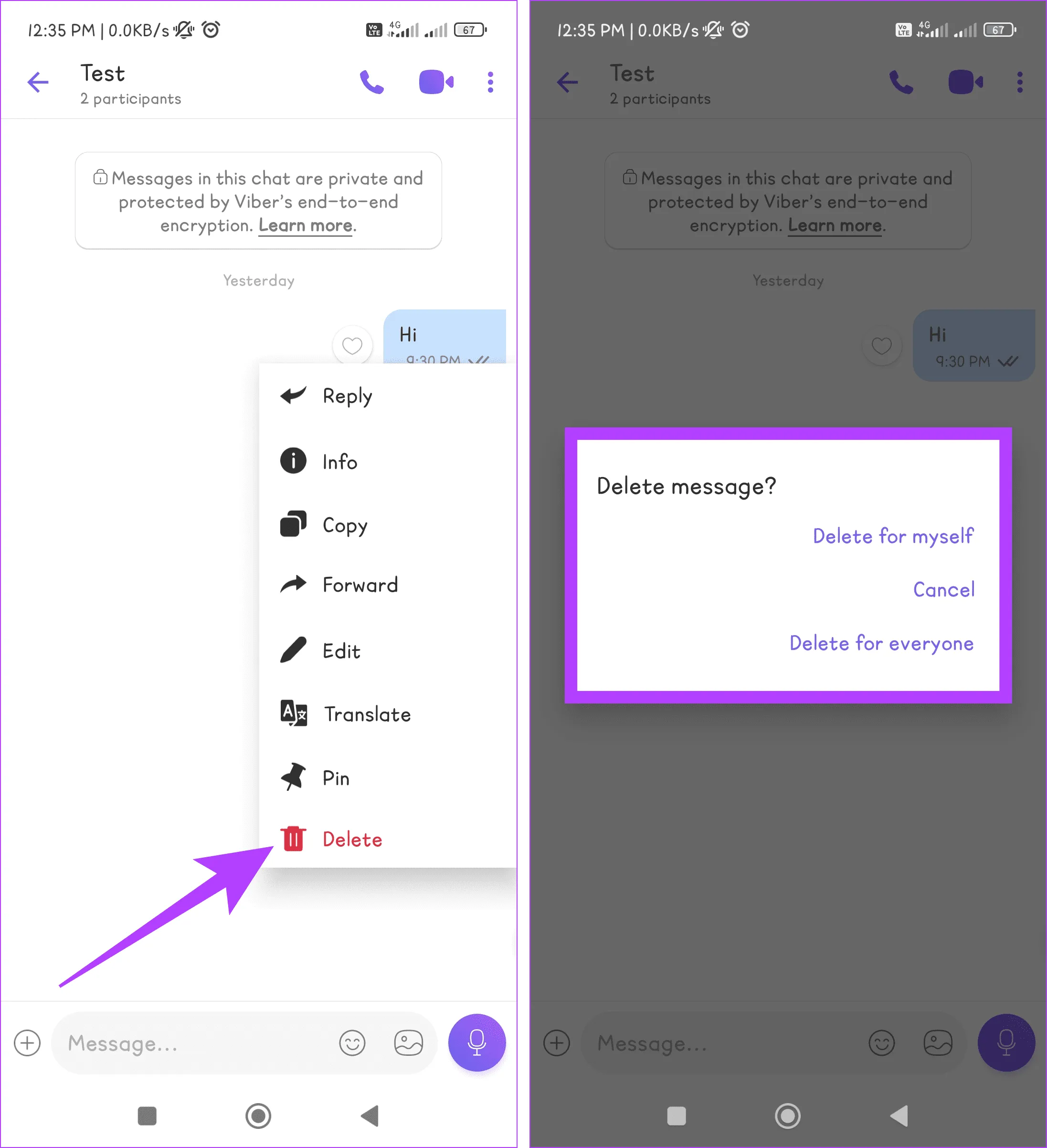 Нажмите и удерживайте чат, нажмите «Удалить» и выберите «Удалить его для себя или для всех».