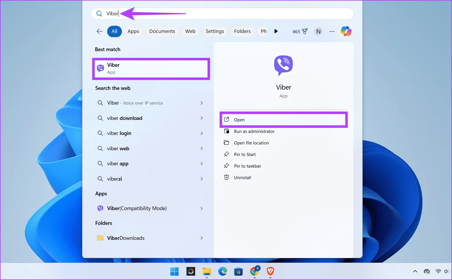 Нажмите клавишу Windows S, введите Viber и нажмите «Открыть».