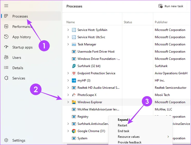 Перезапустите Проводник Windows 13.
