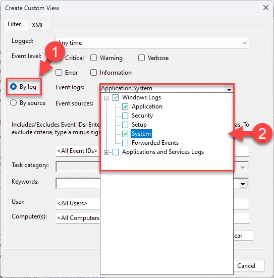 Выберите категории журнала событий для просмотра