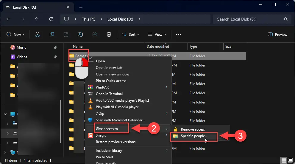 Поделиться папкой с помощью параметра «Предоставить доступ к»