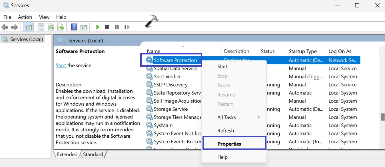 Щелкните правой кнопкой мыши «Защита программного обеспечения» и выберите «Свойства».