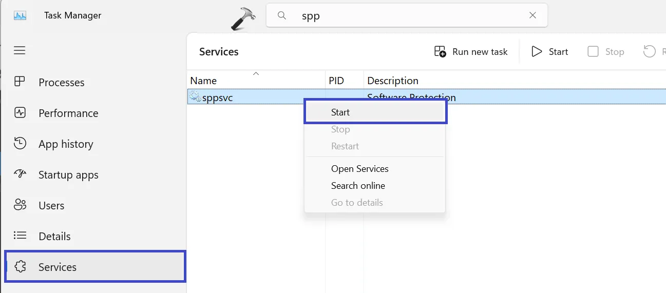 Щелкните правой кнопкой мыши файл «Sppsvs.exe» и выберите «Пуск».