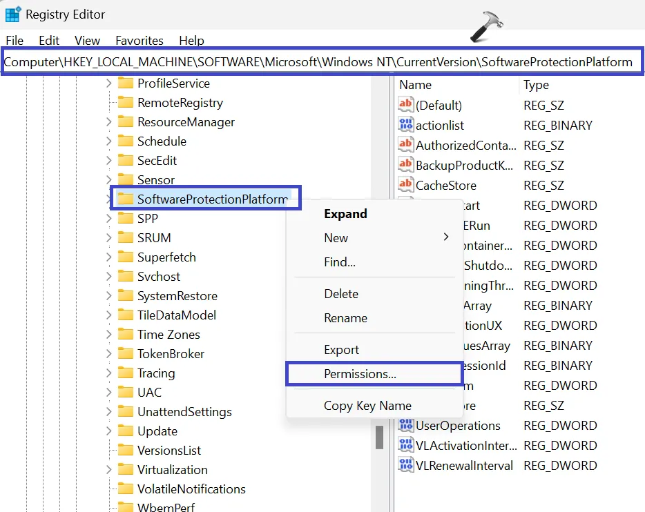 В редакторе реестра щелкните правой кнопкой мыши SoftwareProtectionPlatform и выберите «Разрешение».
