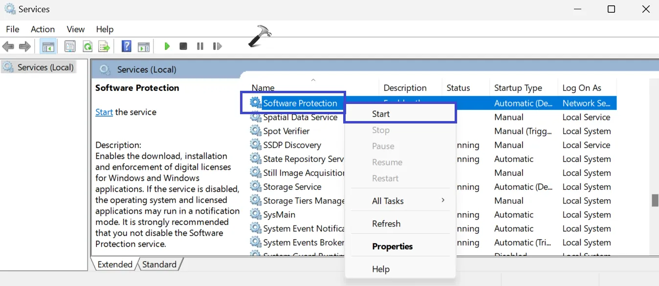 Щелкните правой кнопкой мыши службу «Защита системы» и выберите «Пуск».