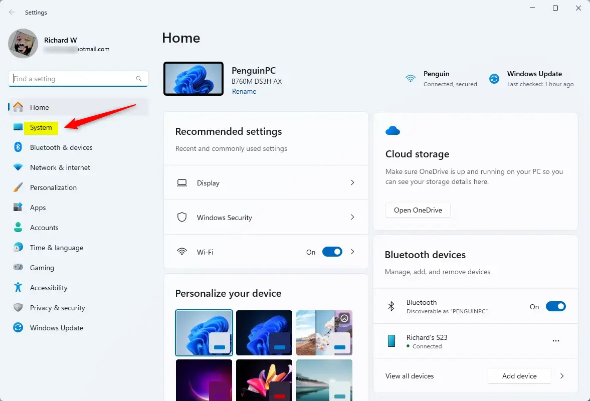 Система в приложении «Настройки»