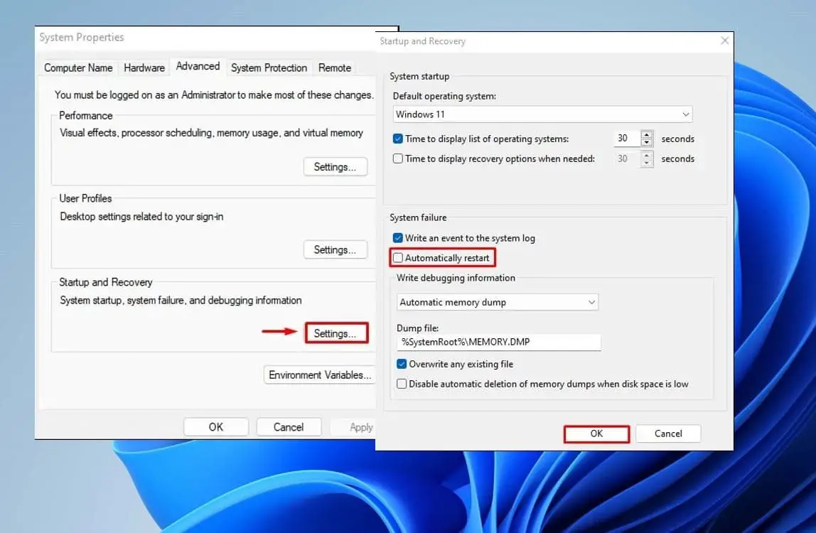 Отключить автоматический перезапуск