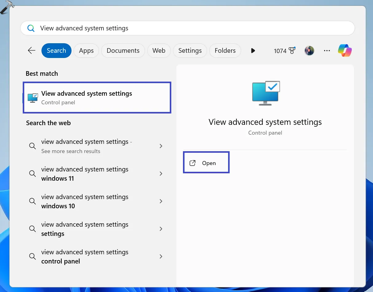 Просмотр расширенных настроек системы
