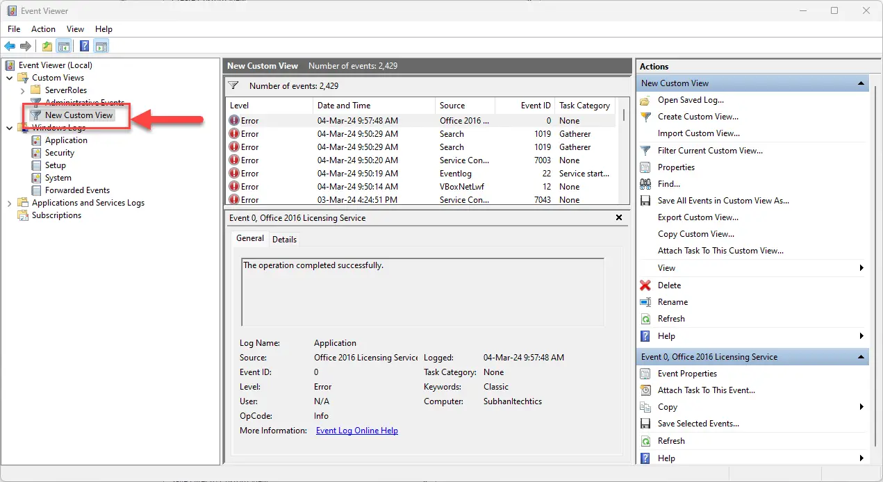 Просмотр журналов событий в пользовательской категории в средстве просмотра событий.