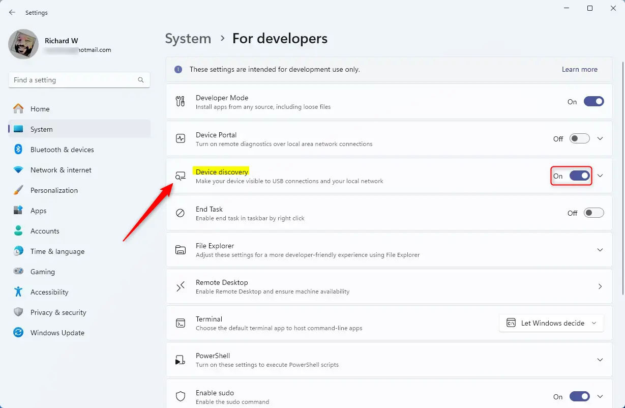 Включение или отключение плитки обнаружения устройств Windows 11