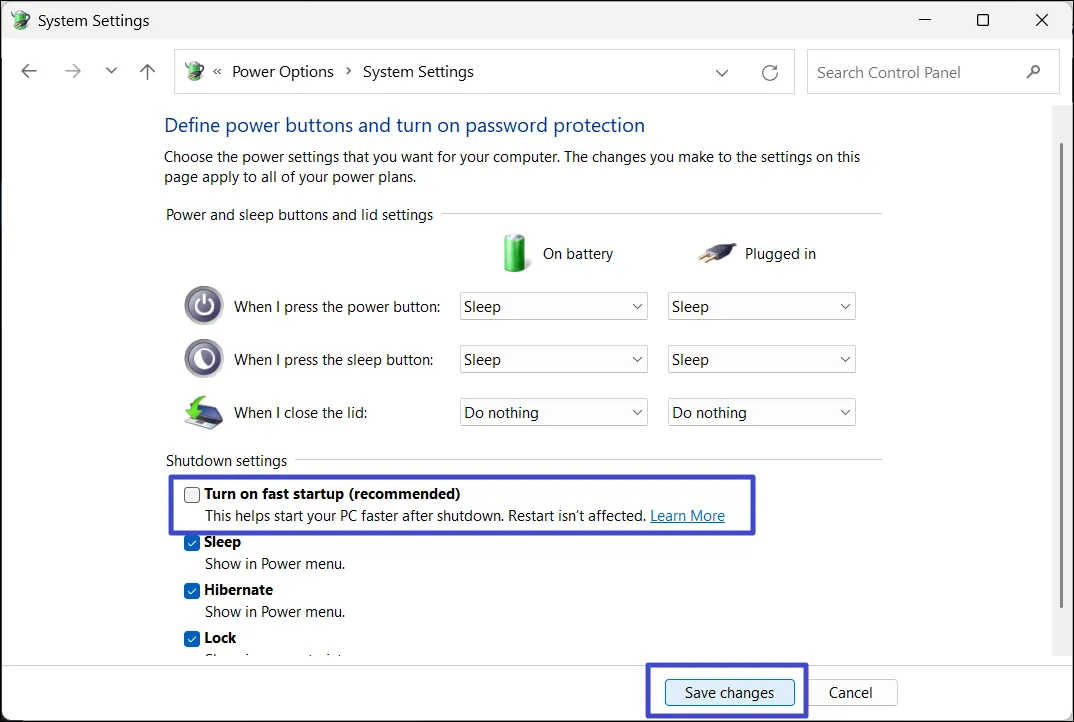 Отключить быстрый запуск