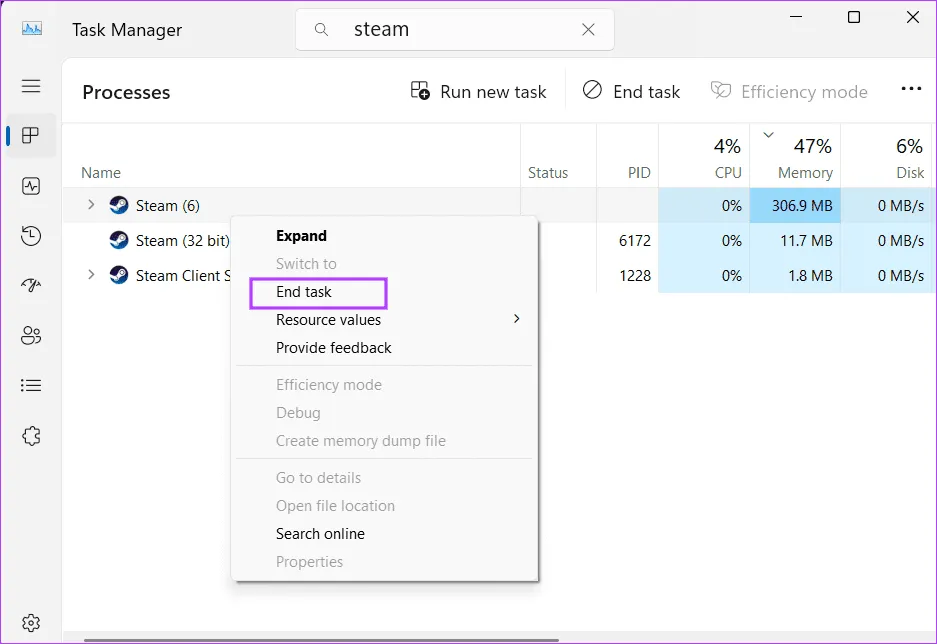 Завершить Steam с помощью диспетчера задач 2