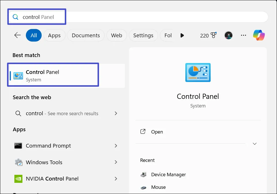 Открыть панель управления