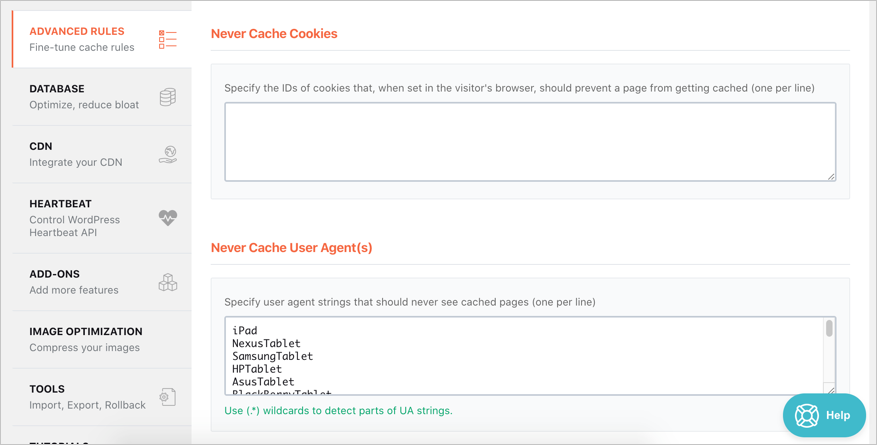 Расширенные настройки правил в WP Rocket