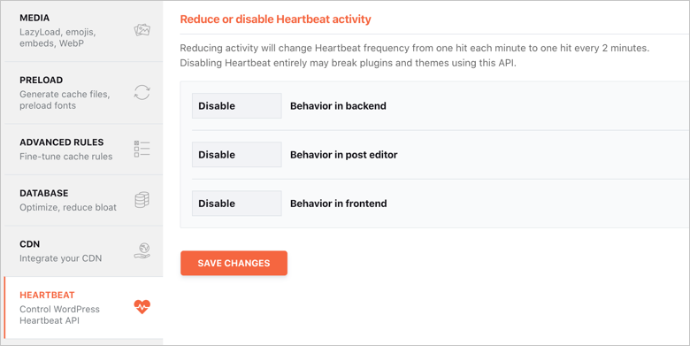 Отключить Heartbeat API в WP Rocket