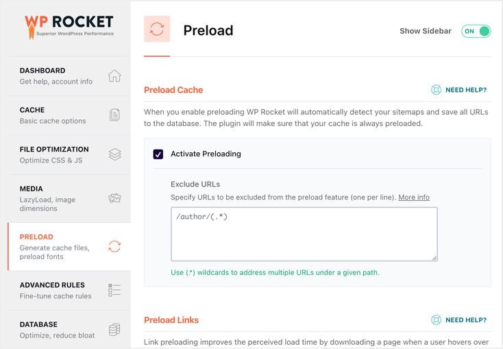 Настройки предварительной загрузки в WP Rocket