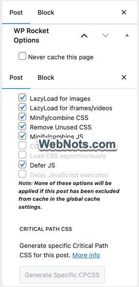 Мета-окно настроек уровня страницы WP Rocket