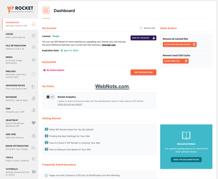 Панель управления плагином WP Rocket