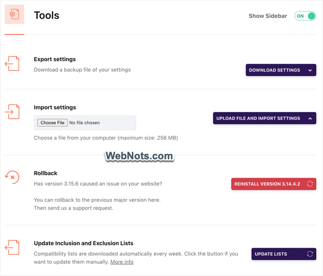 Раздел инструментов WP Rocket