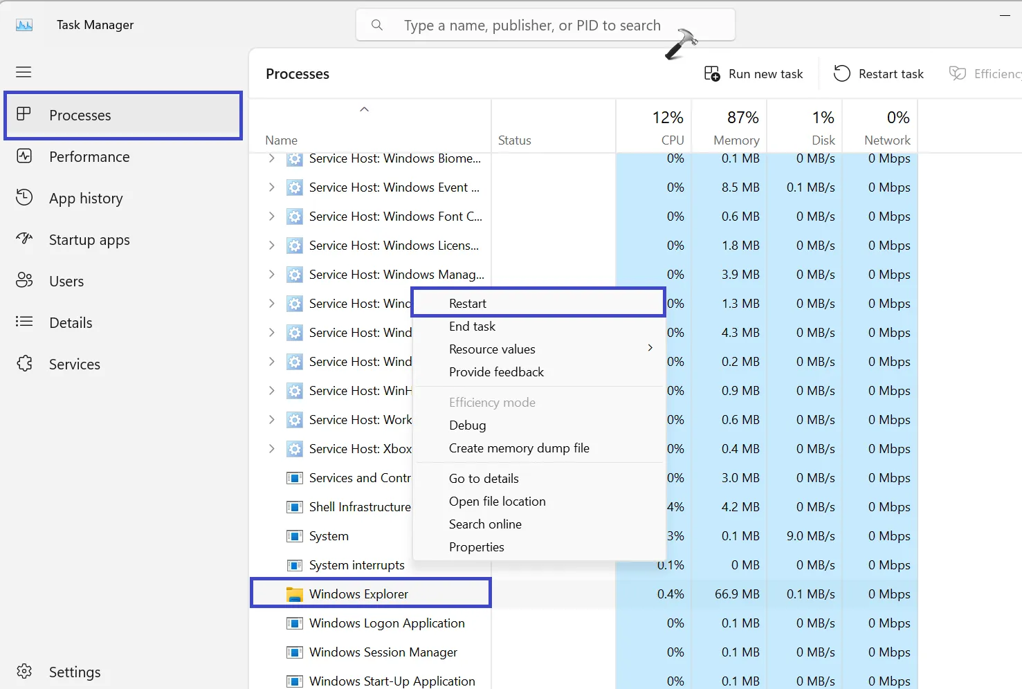 Исправлено: ползунок громкости Windows 11 не работает — перезапустите проводник Windows.