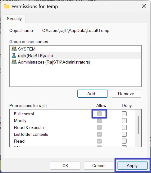 Разрешить полный контроль