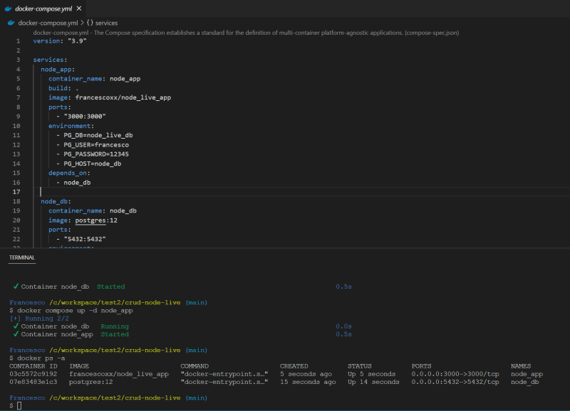 В редакторе кода открыт файл docker-compose.yml. Ниже в терминале показаны результаты запуска.
