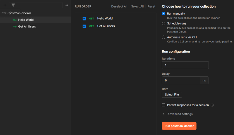 Запуск коллекции в Postman