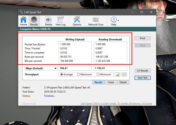 Вывод данных о скорости в программе LAN Speed Test
