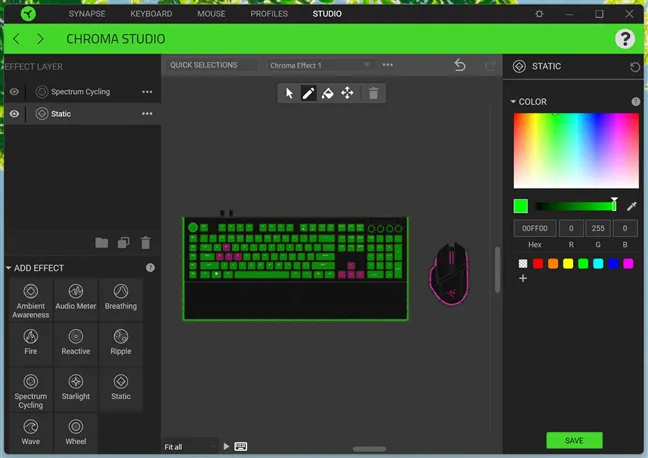 Настройка световых эффектов в Razer's Synapse Chroma Studio
