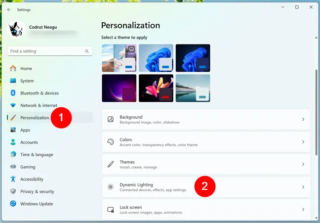 Доступ к динамическому освещению в настройках Windows 11