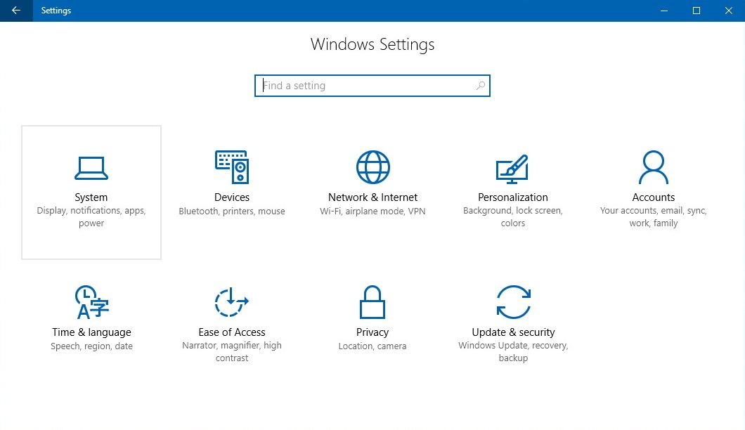 системная кнопка в приложении настроек Windows