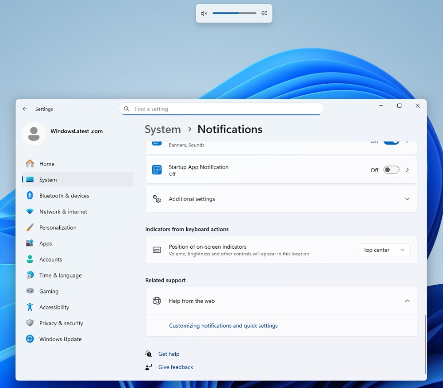 Расположение индикатора громкости в Windows 11 KB5065789