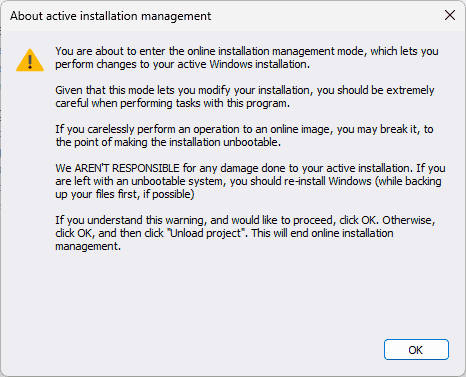 Предупреждение о работе с активной установкой Windows