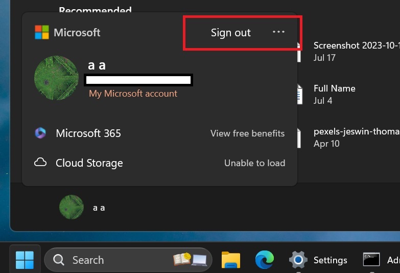 выход из системы и переключение параметров пользователя в меню «Пуск» Windows 11 24h2
